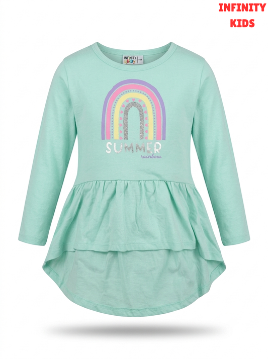 Girls Mint Green "Summer Rainbow" Long-Sleeve Ruffle Peplum Top