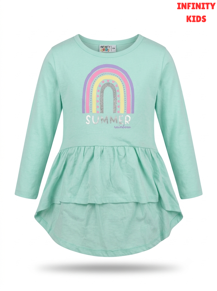 Girls Mint Green "Summer Rainbow" Long-Sleeve Ruffle Peplum Top