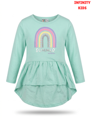 Girls Mint Green "Summer Rainbow" Long-Sleeve Ruffle Peplum Top