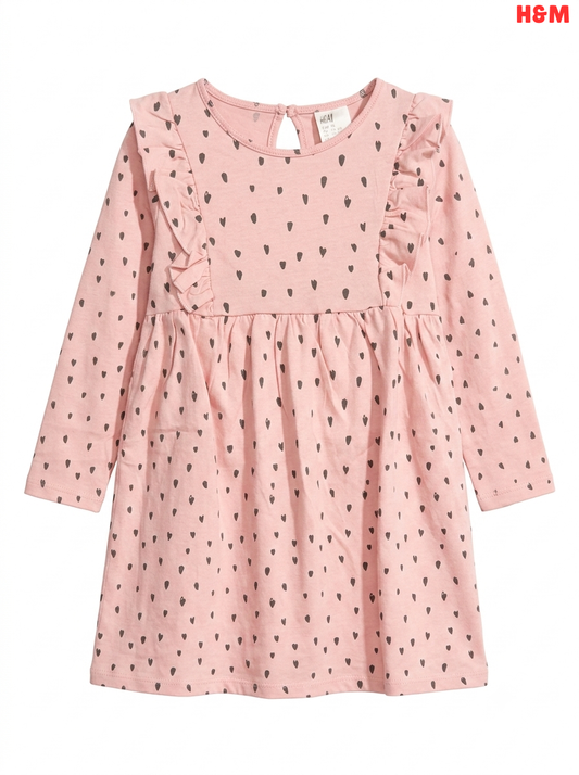 Girls H&M Pink Heart-Print Long-Sleeve Ruffle Dress