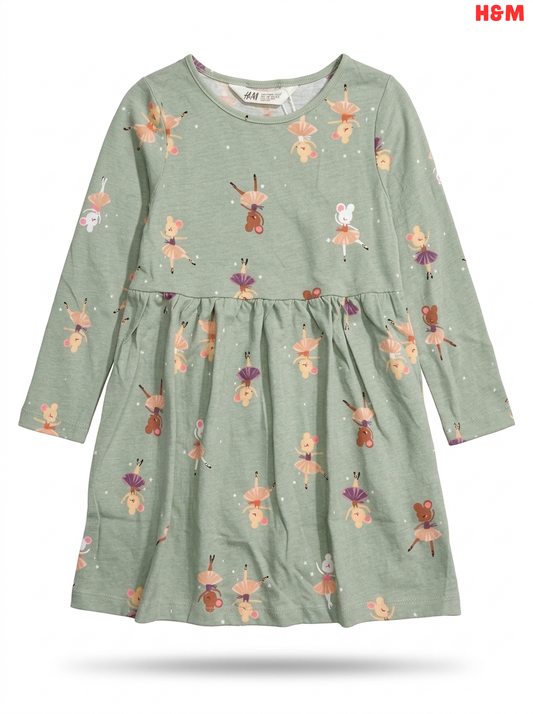 Girls H&M Sage Green Ballerina Mouse Print Long-Sleeve Dress