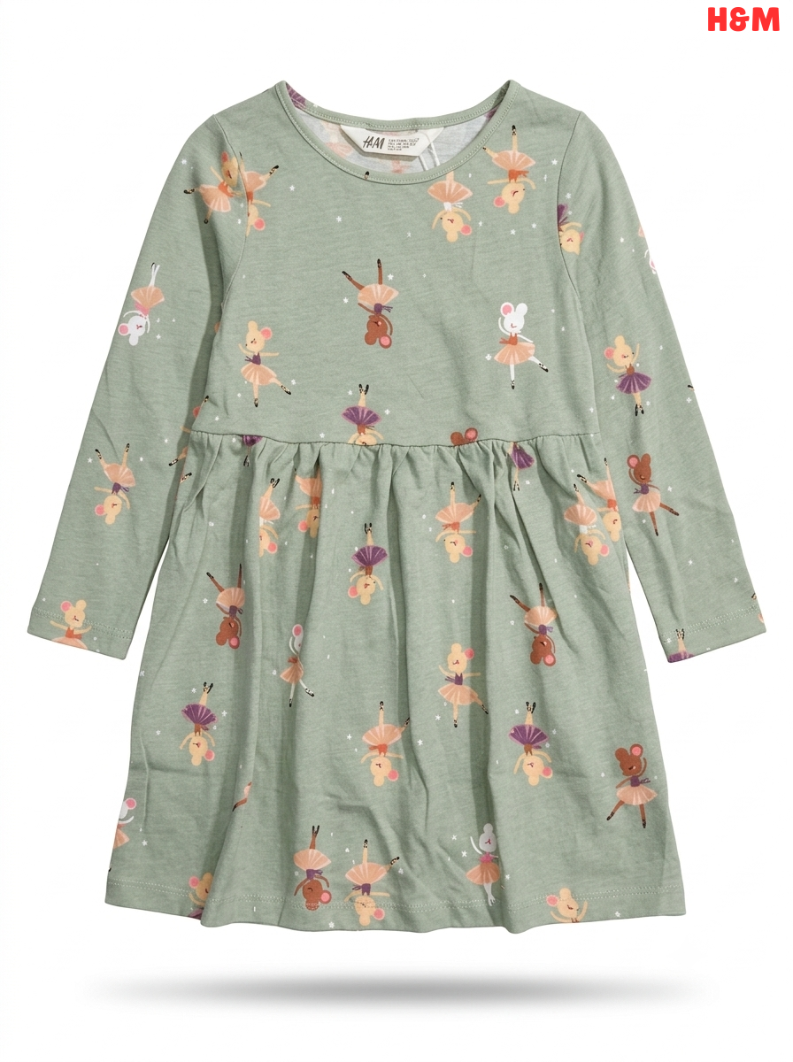 Girls H&M Sage Green Ballerina Mouse Print Long-Sleeve Dress