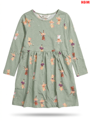 Girls H&M Sage Green Ballerina Mouse Print Long-Sleeve Dress