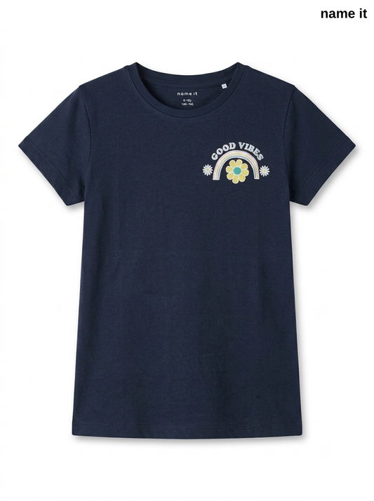 Girls' Navy Blue "Good Vibes" Rainbow & Flower Graphic T-Shirt