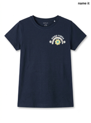 Girls' Navy Blue "Good Vibes" Rainbow & Flower Graphic T-Shirt