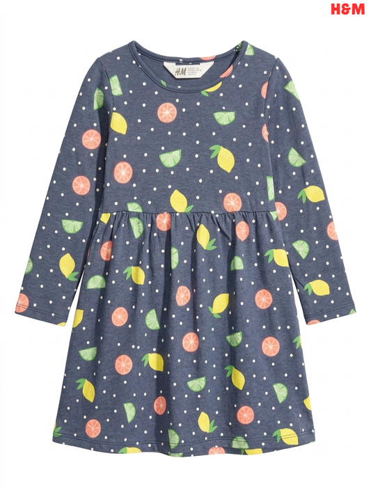 Girls H&M Blue Citrus Fruit Print Long-Sleeve Dress