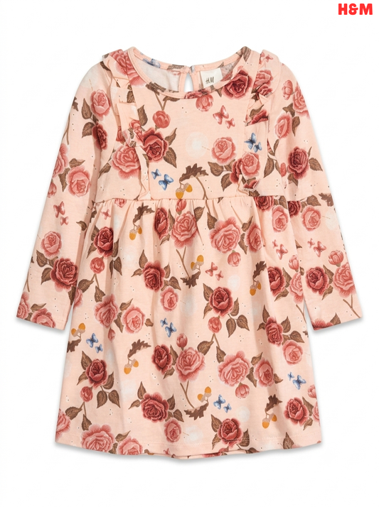 Girls H&M Pink Rose and Butterfly Print Long-Sleeve Dress
