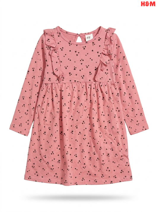 Girls H&M Pink Heart-Print Long-Sleeve Ruffle Dress
