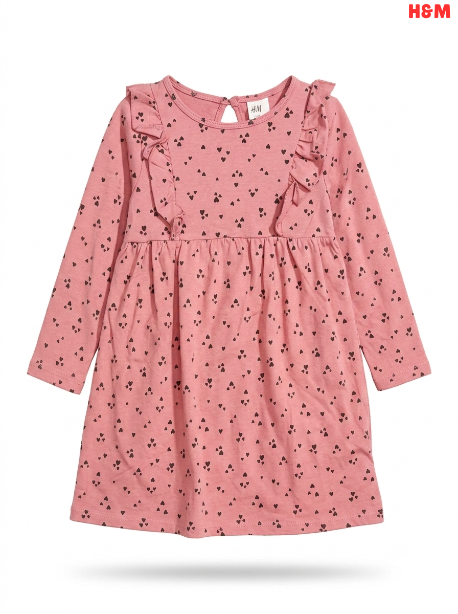 Girls H&M Pink Heart-Print Long-Sleeve Ruffle Dress
