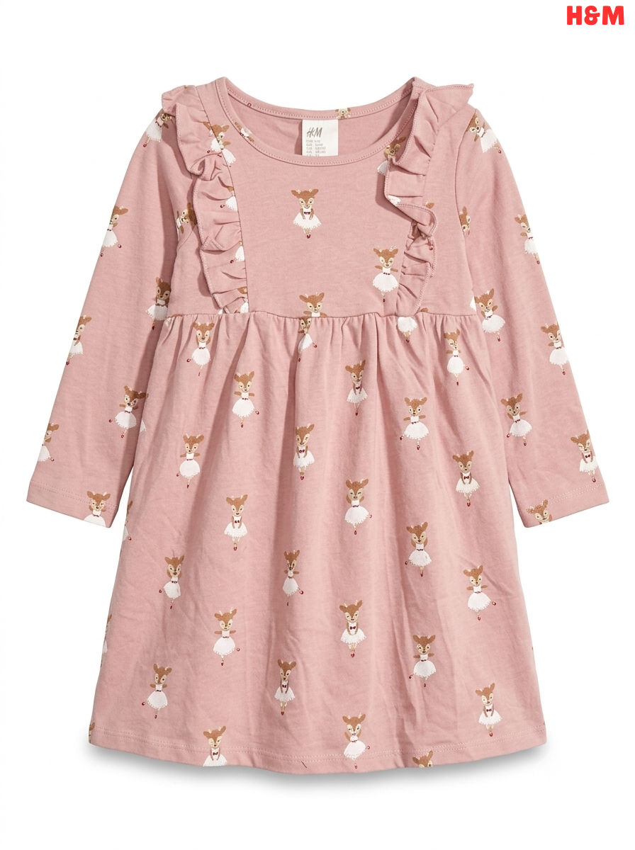Girls H&M Pink Fawn Print Long-Sleeve Ruffle Dress