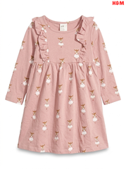 Girls H&M Pink Fawn Print Long-Sleeve Ruffle Dress