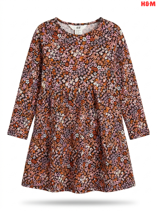 Girls H&M Dark Brown Ditsy Floral Print Long-Sleeve Dress