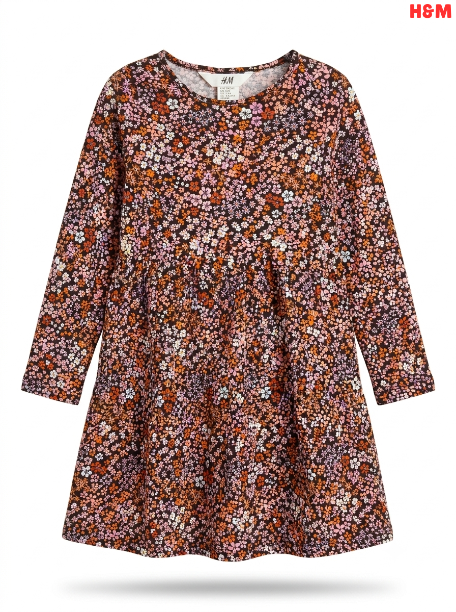 Girls H&M Dark Brown Ditsy Floral Print Long-Sleeve Dress