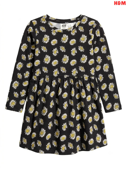 Girls' Daisy Print Long-Sleeve Jersey Dress