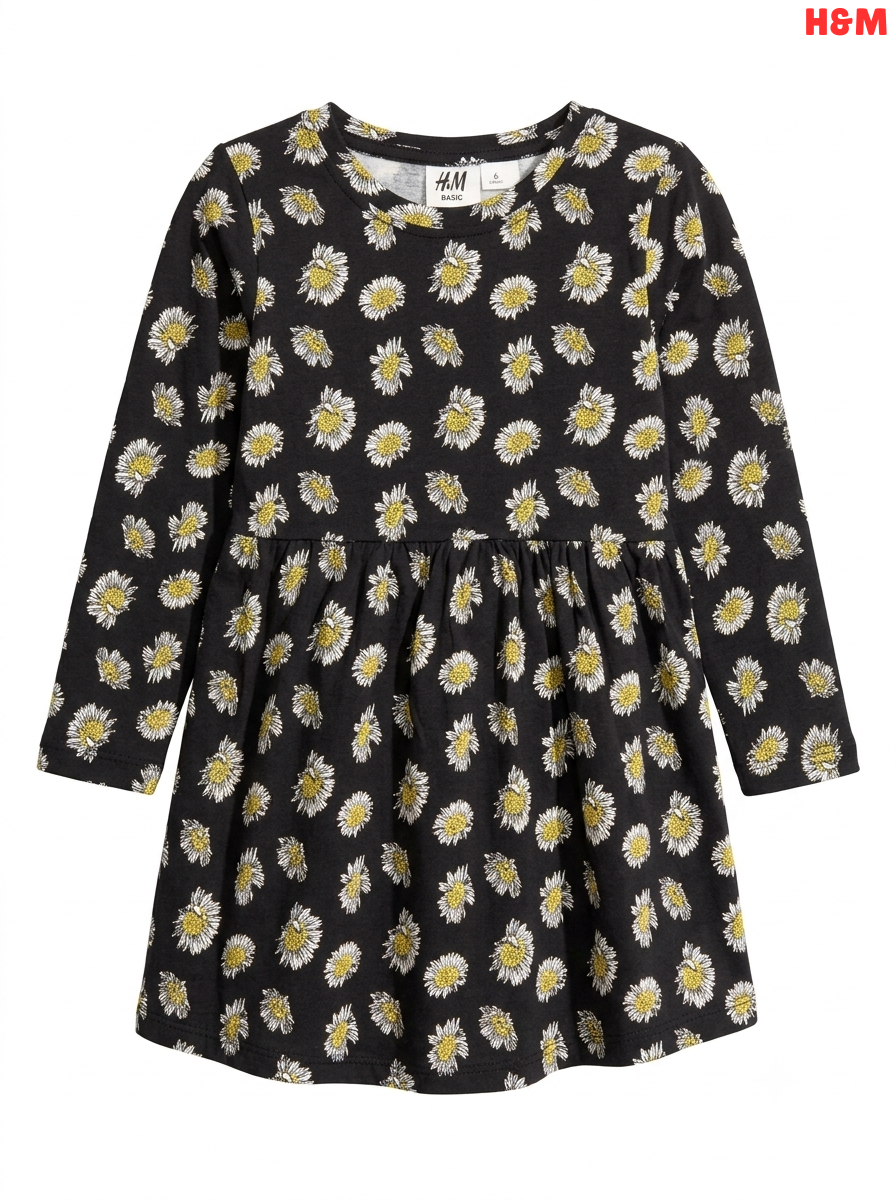 Girls' Daisy Print Long-Sleeve Jersey Dress