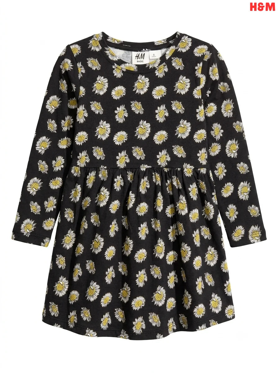 Girls' Daisy Print Long-Sleeve Jersey Dress