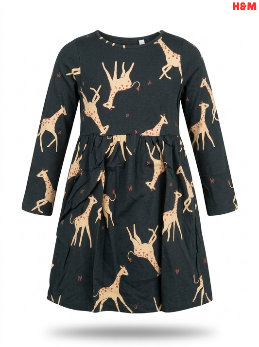 Girls' Giraffe Print Long-Sleeve Jersey Dress