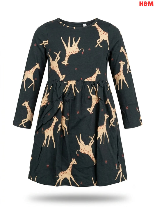 Girls' Giraffe Print Long-Sleeve Jersey Dress