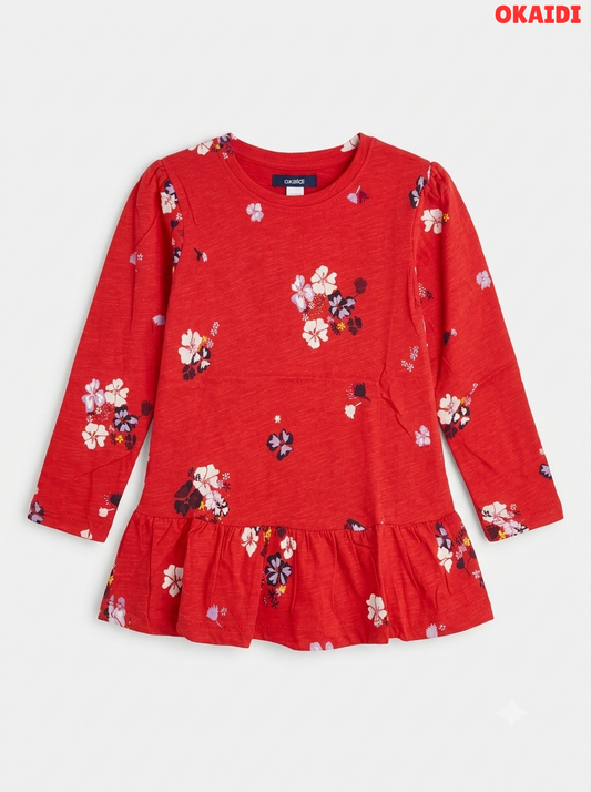 Girls' Red Floral Long Sleeve Slub Cotton Dress with Peplum Hem – Okaïdi