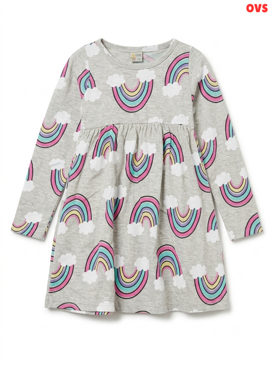 Girls' Grey Rainbow Print Long Sleeve Jersey Dress – OVS