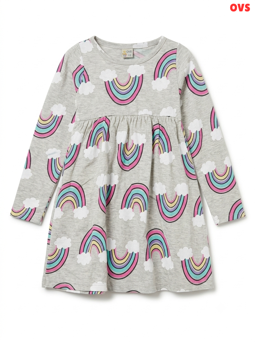 Girls' Grey Rainbow Print Long Sleeve Jersey Dress – OVS