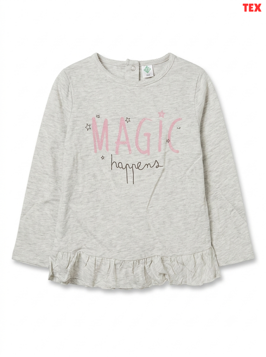 Girls' "Magic Happens" Ruffle-Hem Long-Sleeve Top
