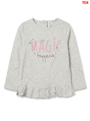 Girls' "Magic Happens" Ruffle-Hem Long-Sleeve Top