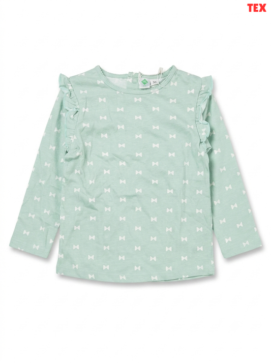 Baby / Girls' Mint Green Bow Print Ruffle-Shoulder Top