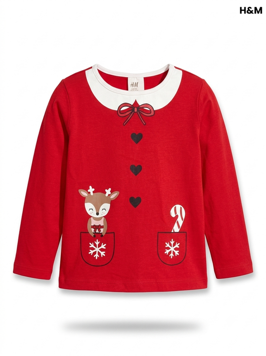 Girls' Festive Reindeer & Candy Cane Long-Sleeve Top - Bright Red