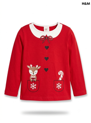 Girls' Festive Reindeer & Candy Cane Long-Sleeve Top - Bright Red
