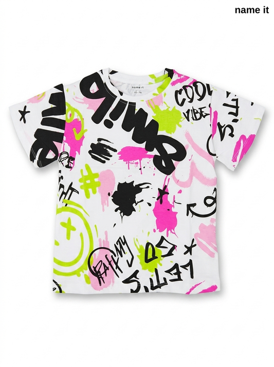 Kids' White Graffiti Paint Splatter & Smiley Print T-Shirt