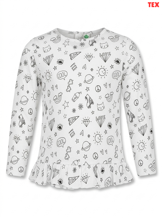 Girls' Doodle Print Ruffle-Hem Long-Sleeve Top