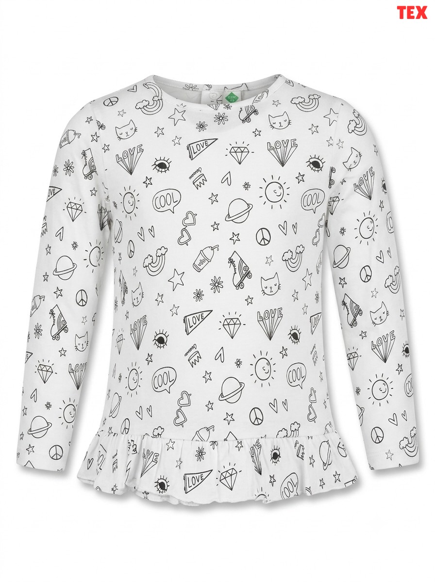 Girls' Doodle Print Ruffle-Hem Long-Sleeve Top