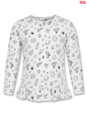 Girls' Doodle Print Ruffle-Hem Long-Sleeve Top