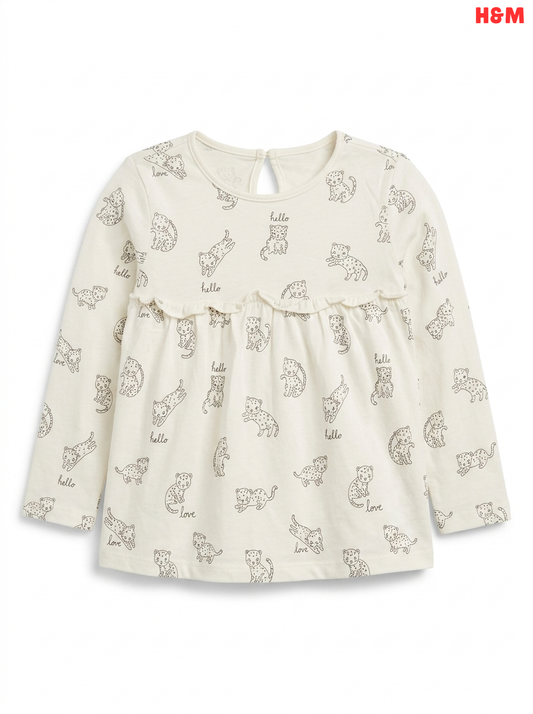 Girls' Leopard Sketch Ruffled Long-Sleeve Tunic Top