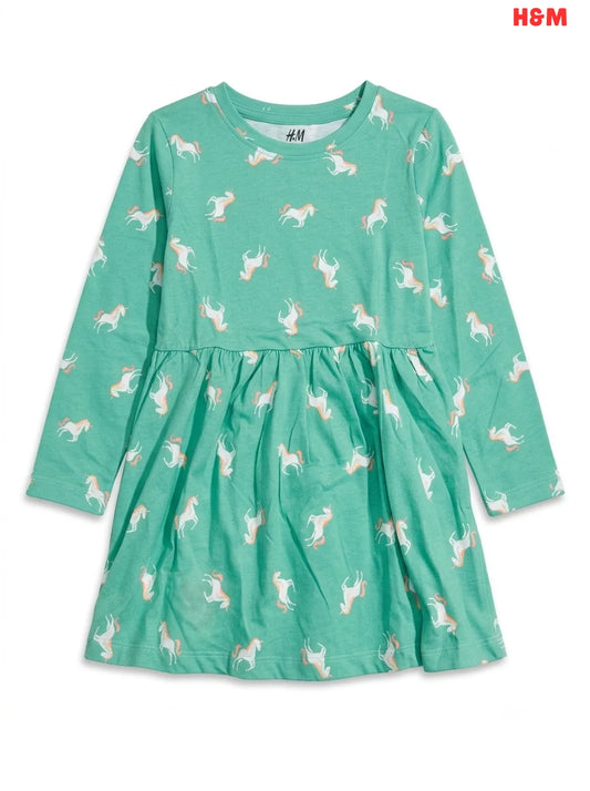 Girls' Mint Green Unicorn Print Long-Sleeve Dress