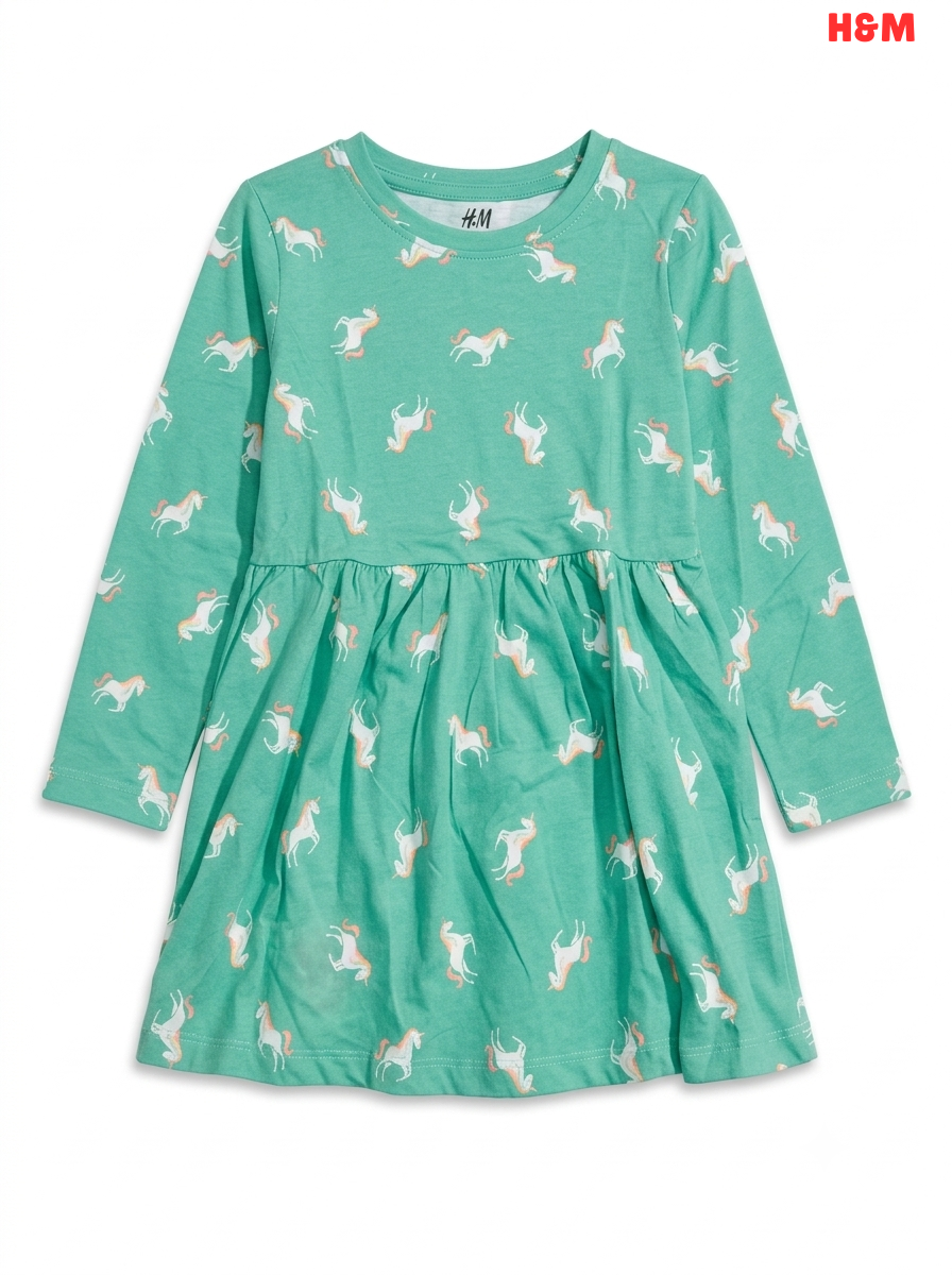 Girls' Mint Green Unicorn Print Long-Sleeve Dress