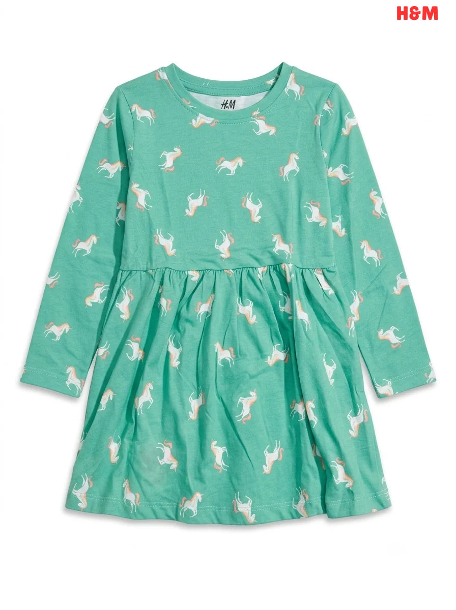Girls' Mint Green Unicorn Print Long-Sleeve Dress