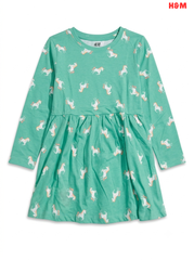 Girls' Mint Green Unicorn Print Long-Sleeve Dress