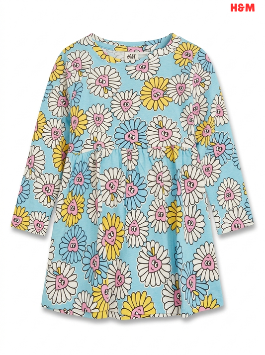 Girls' Retro Happy Daisy Print Long-Sleeve Dress