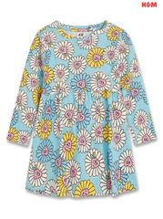 Girls' Retro Happy Daisy Print Long-Sleeve Dress