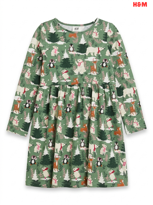Girls' Winter Animal Woodland Print Long-Sleeve Dress