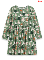 Girls' Winter Animal Woodland Print Long-Sleeve Dress