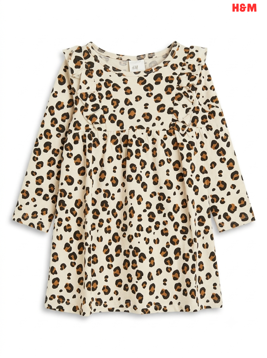 Girls' Leopard Print Ruffle-Shoulder Long-Sleeve Dress