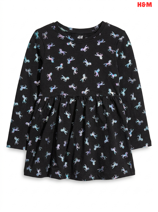 Girls' Glitter Unicorn Print Long-Sleeve Dress