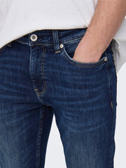 ONLY & SONS ONSWARP Cós Baixo Skinny Fit Jeans | Dark Blue - Smgarment's