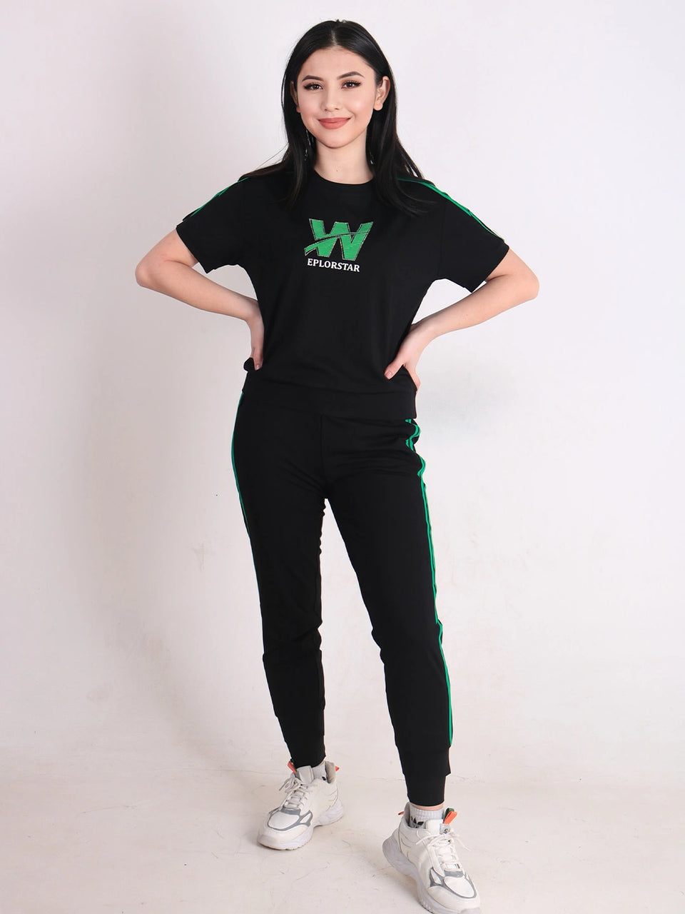 Women's Black & Green Short-Sleeve Tracksuit Set