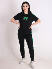 Women's Black & Green Short-Sleeve Tracksuit Set