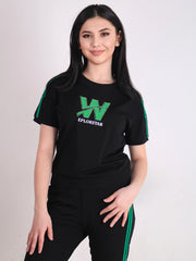 Women's Black & Green Short-Sleeve Tracksuit Set