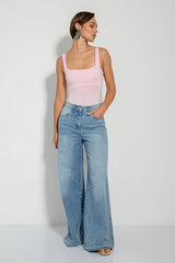 PINK WOMAN Wide leg denim jeans with washed effect - Smgarment's